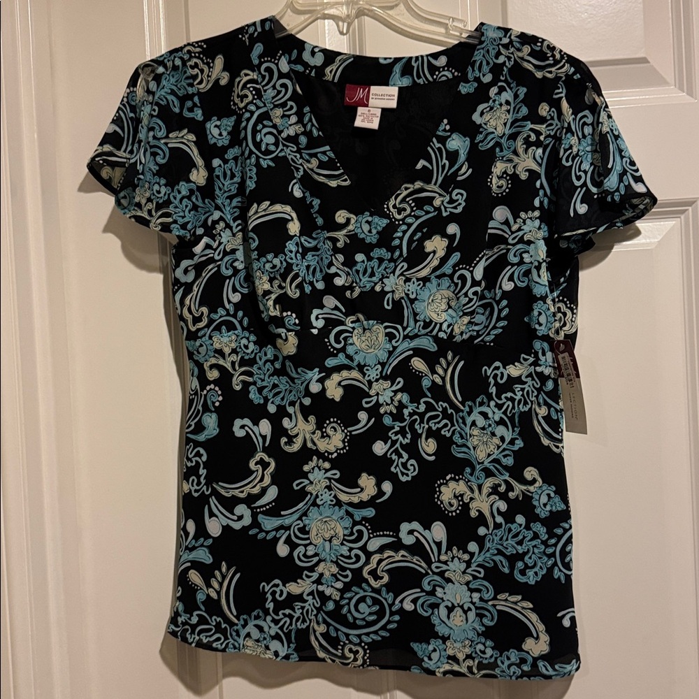 JM Collection Black and Blue Floral Top